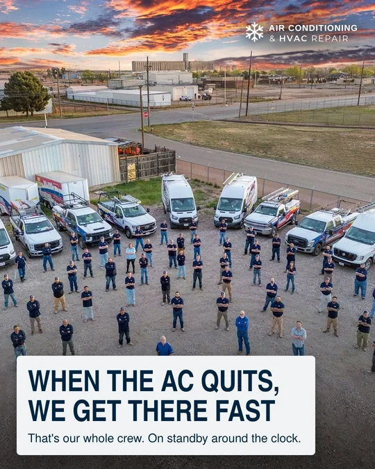 Sample ad for an air conditioning and HVAC repair company: an aerial photo of a large crew in matching navy shirts standing in front of their service vans and trucks at sunset. Headline: When the AC quits, we get there fast. Below it: That's our whole crew. On standby around the clock.