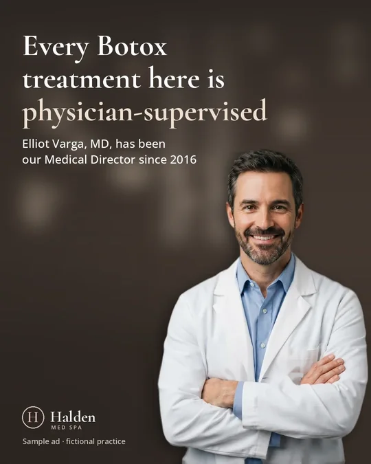 Sample ad for Halden Med Spa, a fictional practice: a smiling doctor in a white coat with his arms crossed against a dark background. Headline: Every Botox treatment here is physician-supervised. Below it: Elliot Varga, MD, has been our Medical Director since 2016. Small print: Sample ad, fictional practice.