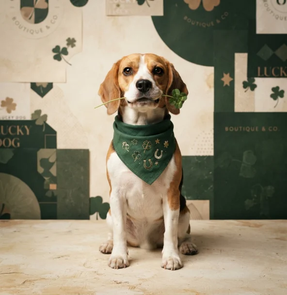 A beagle in a green bandana holding a four-leaf clover in its mouth, sitting in front of a green and cream collage